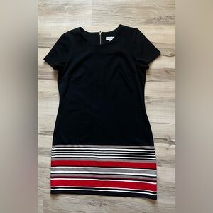Calvin Klein Classic Black Dress w/contemporary red, white and taupe stripes.